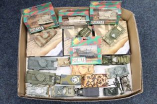 Corgi diecast army themed models including Panther Tank,  Churchill Tank, Sherman tank, Bedford OL
