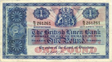 THE BRITISH LINEN BANK one pound banknote 15th April 1960, N/3 261261 aVF, N/3 399933 aVF, and O/3