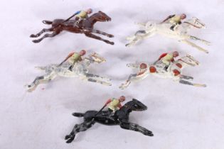 Five Britains style painted lead horse and jockey models. (5)