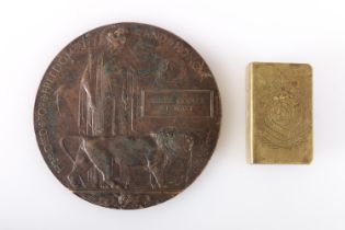 WWI bronze death plaque [JAMES COOPER STEWART] and a WWI brass trench art vesta or matchbox holder