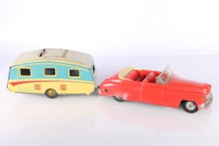 Mettoy 907 Joytown Garage with The Streamline De Luxe Touring Car and Caravan, boxed.