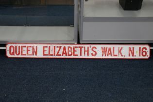 Vintage painted cast metal street sign 'Queen Elizabeth's Walk N.16', 15cm x 152cm.