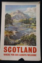 Vintage travel poster 'Scotland Where You Are Always Welcome', with depiction of Loch Achray and Ben