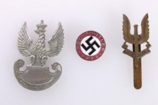 Hitler Party enamel metal badge 1933, a Polish eagle cap badge and an SAS Who Dares Wins cap