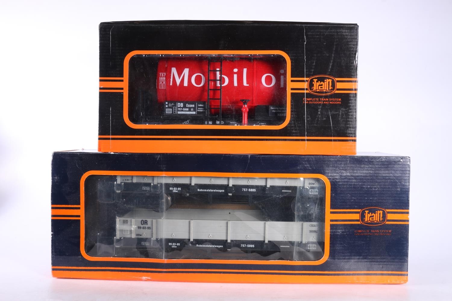 Train G gauge model railways, a 757-5805 double flatbed bogie wagon pack 99-03-95, and 757-5806