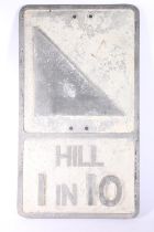 Vintage painted cast metal road gradient sign 'Hill 1 in 10', 52cm x 30cm.