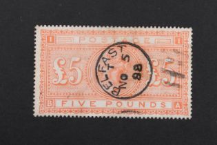 GB Queen Victoria QV five pound £5 orange, plate 1, position 'BA', used with CDS for Belfast 1888,