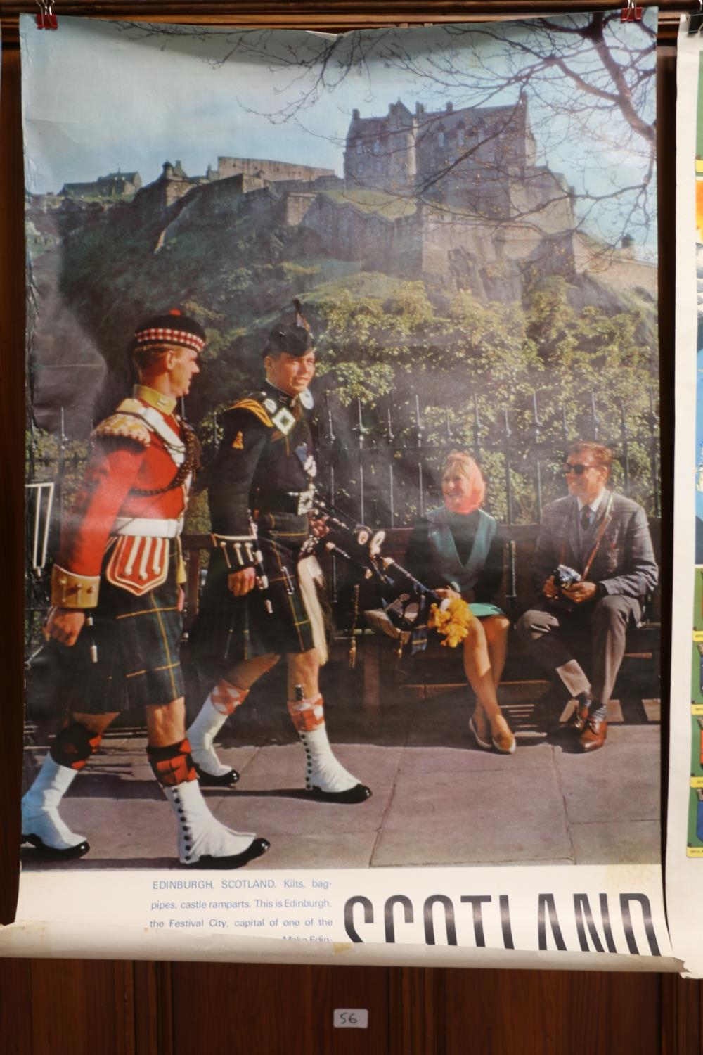Vintage travel poster 'Scotland, Kilts, Bagpipes, Castle Ramparts', published by The British