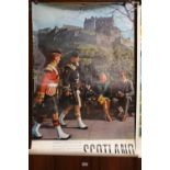 Vintage travel poster 'Scotland, Kilts, Bagpipes, Castle Ramparts', published by The British