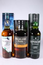 Three bottles of Island single malt Scotch whisky to include LAPHRAOIG Lore 70cl 48% abv. boxed,