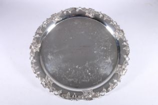 Teachers whisky interest, a silver plated salver tray with fruiting grape vine border, the central