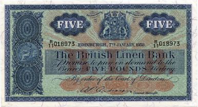 THE BRITISH LINEN BANK five pound £5 banknote 7th January 1959, Anderson, R/11 018973, aEF,