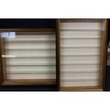Two mahogany framed wall display cases, used previously for model railway, 45cm x 83cm and 57cm x