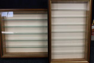 Two mahogany framed wall display cases, used previously for model railway, 45cm x 83cm and 57cm x