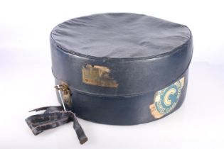 Blue circular hat box with Cunard White Star New York to Southampton 1951 label.