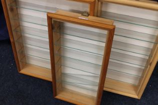 Three pine framed wall display cases, used previously for model railway, 59cm x 46cm, and 59cm x