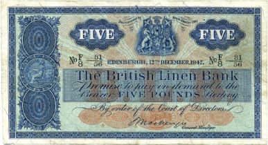 THE BRITISH LINEN BANK five pound £5 banknote 12 th December 1947, Mackenzie, F/8 31/56, VF, SC214b.