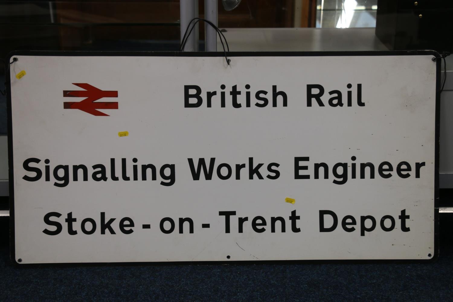 Vintage painted metal railway sign 'British Rail Signalling Works Engineer Stoke-on-Trent Depot',
