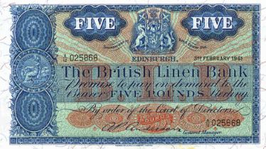 THE BRITISH LINEN BANK five pound £5 banknote 3rd February 1961, Anderson, A/12 025868, UNC, SC215.