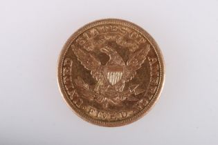 UNITED STATES OF AMERICA USA gold Coronet Head five dollars $5 half eagle 1887 S, 8.4g gross.