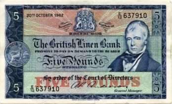 THE BRITISH LINEN BANK five pound £5 banknote  20th October 1962, Anderson, E/12 637910, aEF,