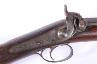 Antique percussion cap muzzle loading gun, the steel mounts engraved 'Lowe' complete with ramrod,