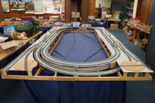 Large two level model railway layout, made from four joining boards, also building, rail and other