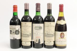 Five bottles of vintage red wine to include two bottles of CHATEAU LA MISSION HAUT BRION 1964