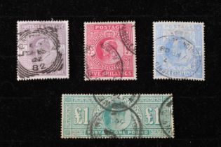 GB King Edward VII EDVII one pound £1 green used SG266/320 cat£750, ten shilling blue used SG265/319