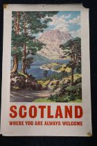 Vintage travel poster 'Scotland Where You Are Always Welcome', with depiction of Loch Maree and