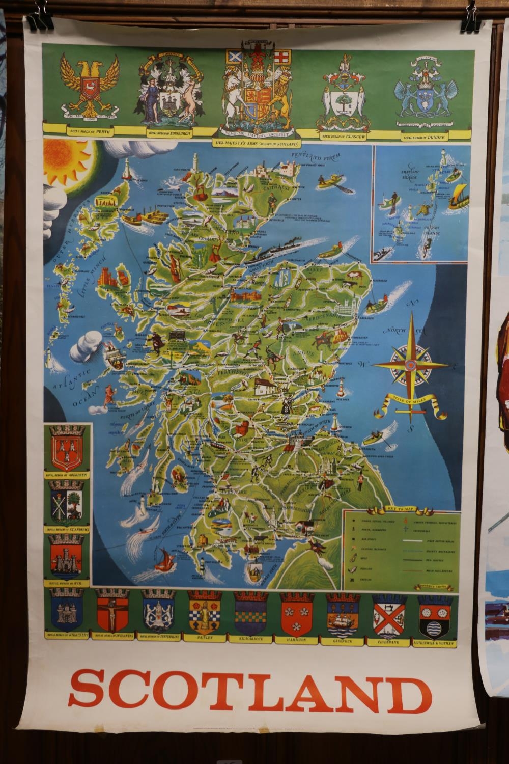 Vintage travel poster 'Scotland', with map of Scotland and town crests, published by The Scottish