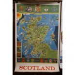 Vintage travel poster 'Scotland', with map of Scotland and town crests, published by The Scottish