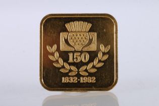 Chinese 999 fine gold ingot medal, commemorating a 150th anniversary 1832-1982, stamped '9999', 18.