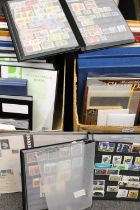 Large stamp collection held across multiple albums within two large boxes, to include an album of