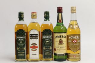 Five bottles of Irish whisky including two bottles of BUSHMILLS Malt 10 year old single malt