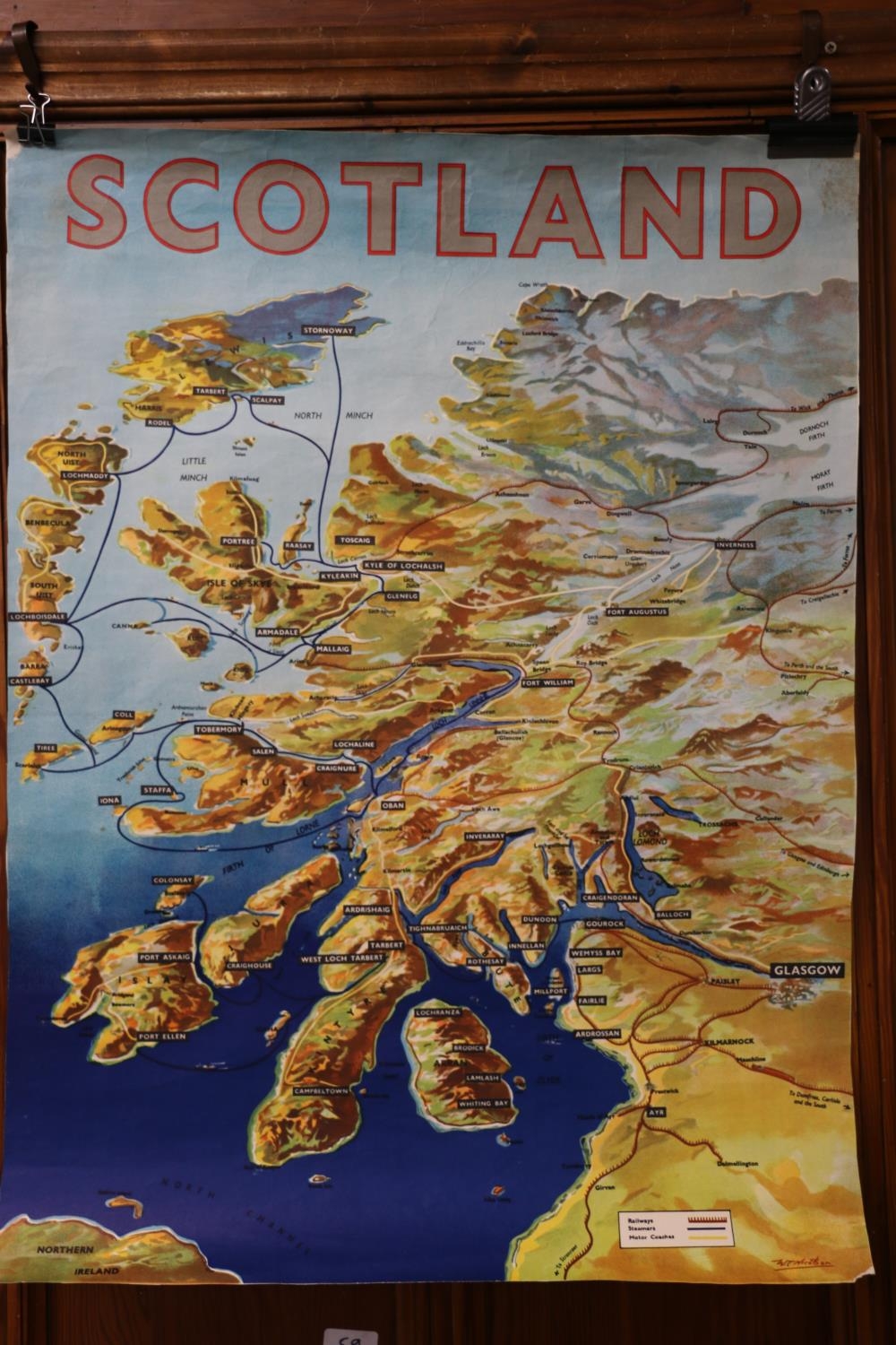 Vintage travel poster 'Scotland' with map depiction after W C Nicholson, similar to the David