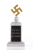 Nazi German Third Reich chrome table decoration with swastika and 'Ein Volk Ein Reich Ein Fuhrer',