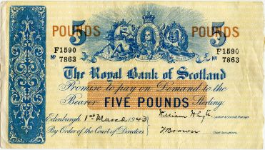 THE ROYAL BANK OF SCOTLAND five pound £5 banknote 1st March 1943, hand signed William Whyte and J