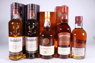 Five bottles of single malt Scotch whisky to include GLENKINCHIE 10 year old 70cl 43% abv. boxed,