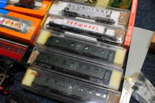 OO gauge model railway accessories including Liliput coaches, ROCO slide tipping wagon and 4340H