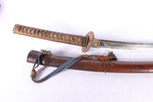 Japanese katana sword having curving 68cm long blade, iron tsuba, gilded fuchi, the tang not