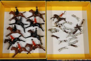 Britains painted lead hunting figures including mounted gentleman in red, black and grey coats,