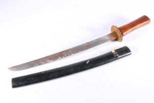 Japanese style wakizashi sword, having curving blade, iron tsuba, the fuchi with fish design,