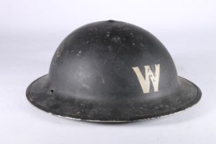 British WWII Warden's helmet, the interior stamped 'R.O.Co UP 1/1939', painted marks 'W' with