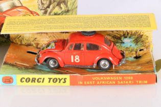 Corgi Toys 256 Volkswagen 1200 in East African Safari Trim on pictorial diorama stand boxed, and