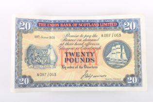 THE UNION BANK OF SCOTLAND LIMITED twenty pound £20 banknote 19th June 1951 J A Morrison A087/063