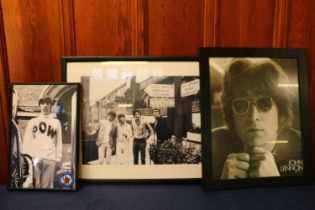 Three framed prints of The Who and John Lennon.