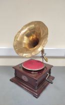 Vintage Soundmaster brass horned gramophone.
