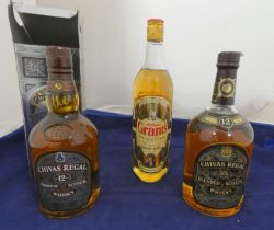 Two bottles of Chivas Regal 12 years old blended scotch whisky, 40% vol, 70cl and 1L, both boxed,