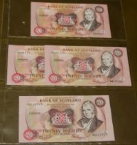 Four Bank of Scotland change of prefix and last prefix £20 banknotes, all signed by Pattullo/Burt to